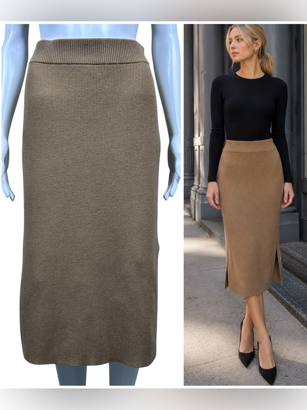 AYR The Curator Ribbed Knit Midi Skirt XS Wool Camel Brown Side Slit Minimalist